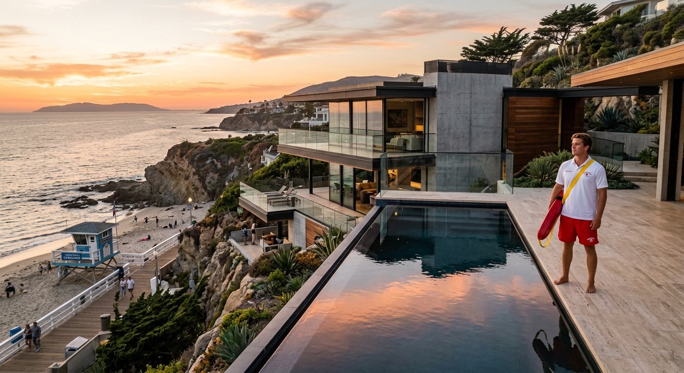 Contemporary Laguna Beach modernist cliffside estate with sculptural cantilevered glass volumes overlooking the Pacific Ocean at golden hour with professional lifeguard